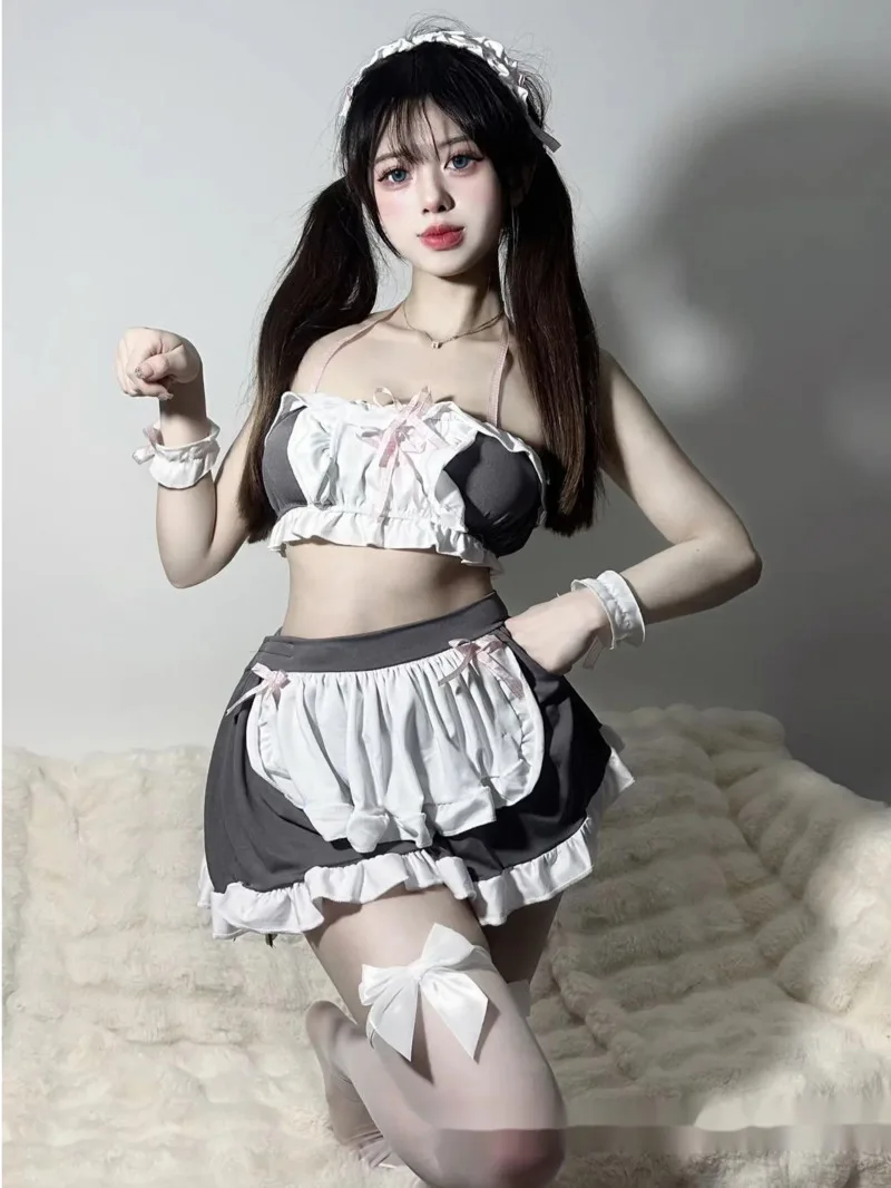 Sexy Dress Elegant Anime Lolita Grey Maid Seductive Perspective Gauze Uniform Tank Mini Dress Hot Sexy Korean Women FHP6