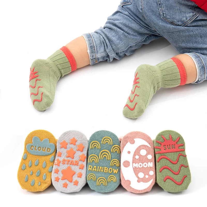 5pairs Casual Cute Knit Floor Socks, Soft Comfortable Breathable Cotton Socks For Toddler Walking Baby Boys And Girls