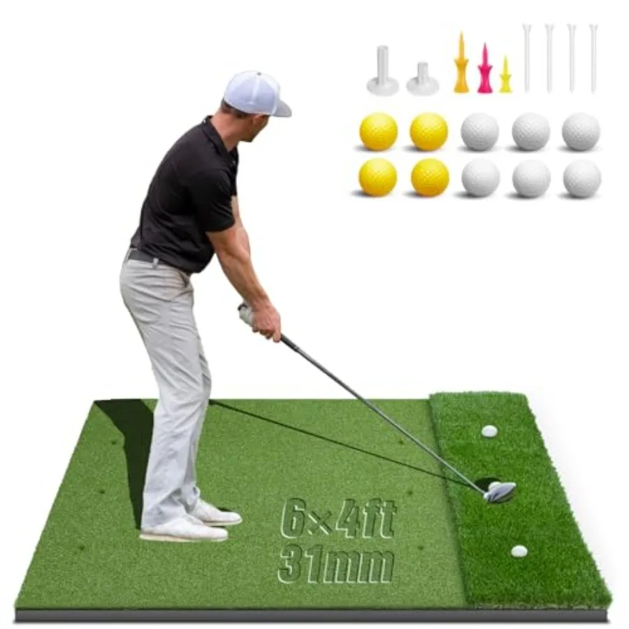 

Dual-Turf Golf Mat 31mm: 6x4ft Extra Large Golf Hitting Mats Practice Outdoor Indoor, High-Density Artificial Turf Matt for Garage Simulator Chipping Driving Training, Ideal Gifts for Men Dad