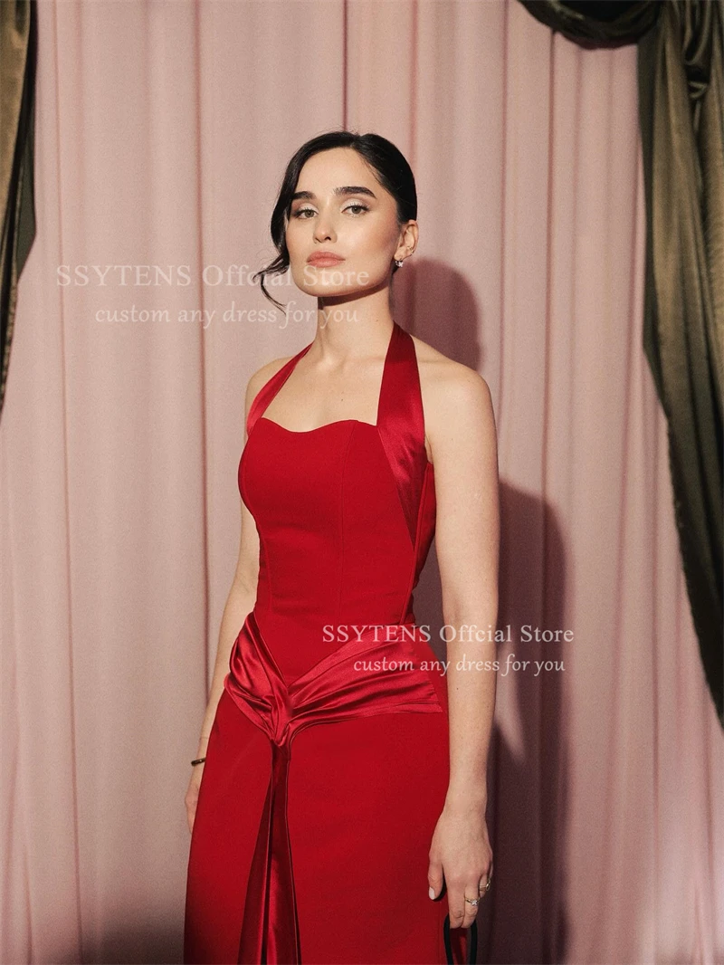 SSYTENS レッド ホルター イブニング ドレス シワ加工サテン スイートハート ロング マーメイド ドレス 特別なイベント用 プロムドレス カスタマイズ可能