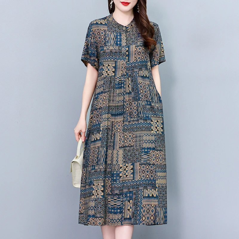 

Summer Vintage Print Long Dress for Women 2024 New Short Sleeve Summer Casual Dress Female Clothing High Quality