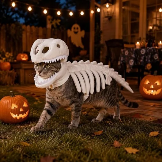 Halloween-Leuchtkostüm für Haustiere, Dinosaurier-Skelett, Plüsch-Kapuzenkostüm, Cosplay-Verkleidung für kleine Hunde und Kätzchen, Partydekoration – Detail 6