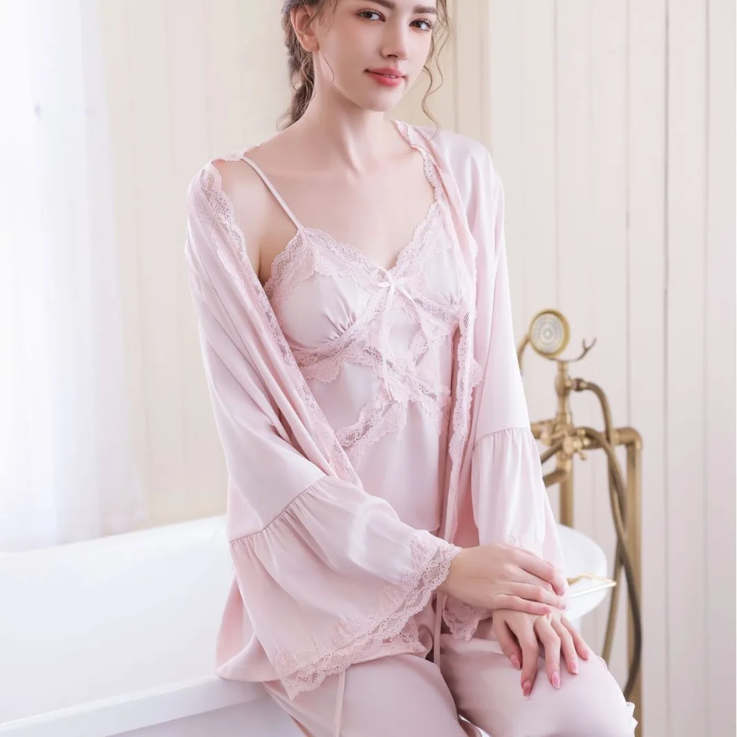 

Sexy Homewear Sleepwear Women's Ice Silk Three Piece Set Korean Style Camisole Nightgown Set Pajama Set