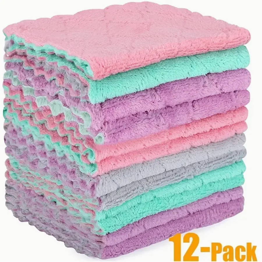 12pcs Microfiber Dish Cloths Multi Purpose Towels For Tableware Double Sided Cleaning Rags Scouring Pads Car Cleaning Tools