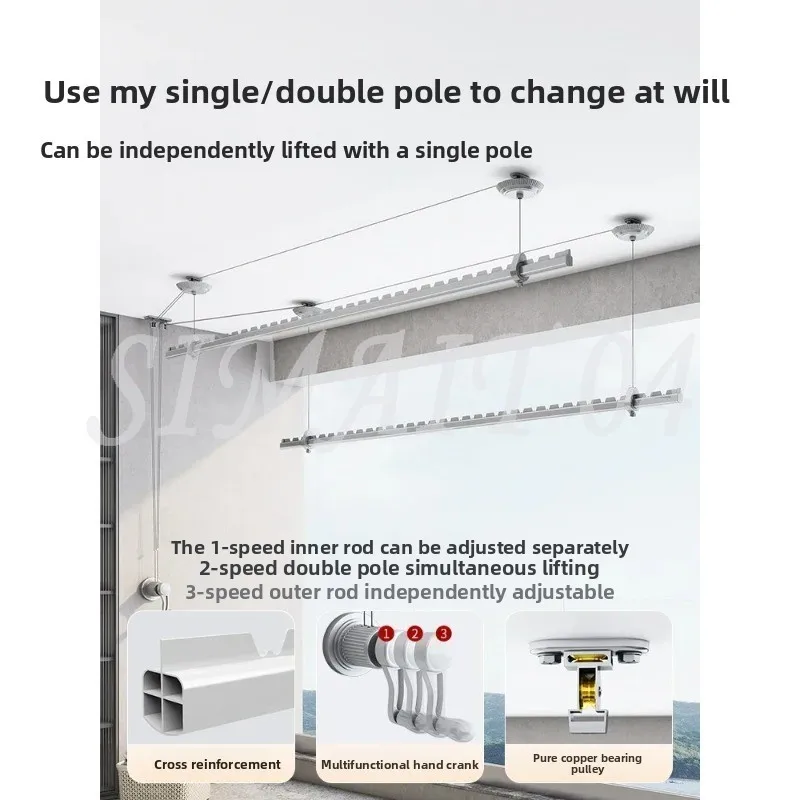 Hand-operated Lifting Clothes Rack Balcony Top-mounted Clothes Rod Fixed Manual Windproof Aluminum Alloy Single