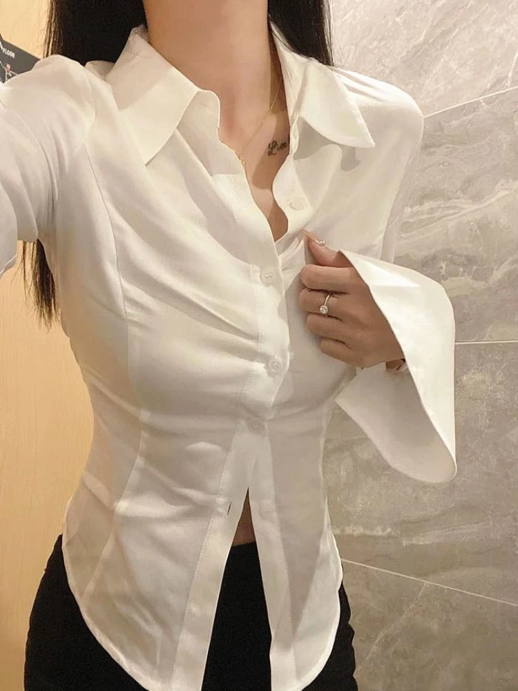

Shirts Women Chic Korean Style Spring Elegant Long Flare Sleeve Leisure All-match Simple Solid Mujer Blusas Streetwear Y2k Ropa