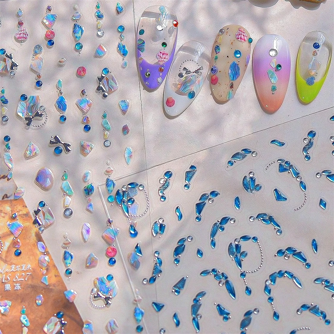 

Shiny Shell Fragments Jelly Gemstone Bowknot Fish Goldfish Star Conch Water Bubble Summer Beach Sea Wave Nail Art Stickers Decal