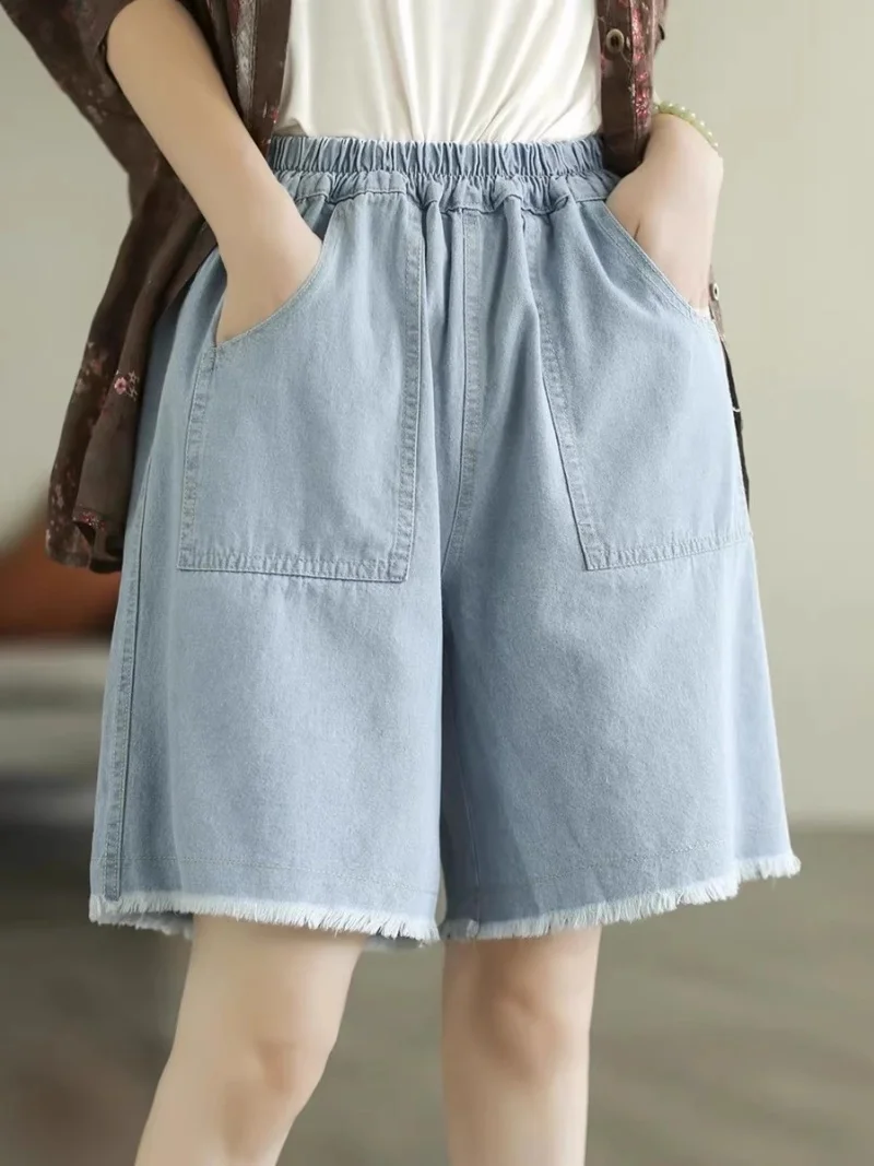 2025年夏新作 カジュアル ルーズ ビッグサイズ ゆったりウエスト ジーンズ レディース デニムショートパンツ デザイン感のあるヘアエッジ ワイドレッグパンツ w114