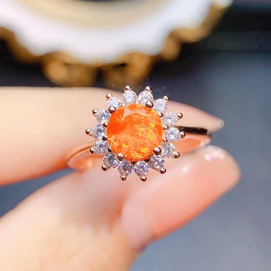 

Natural Fire Orange Opal Halo CZ Ring 925 Silver Orange Engagement Promise Ring For Women