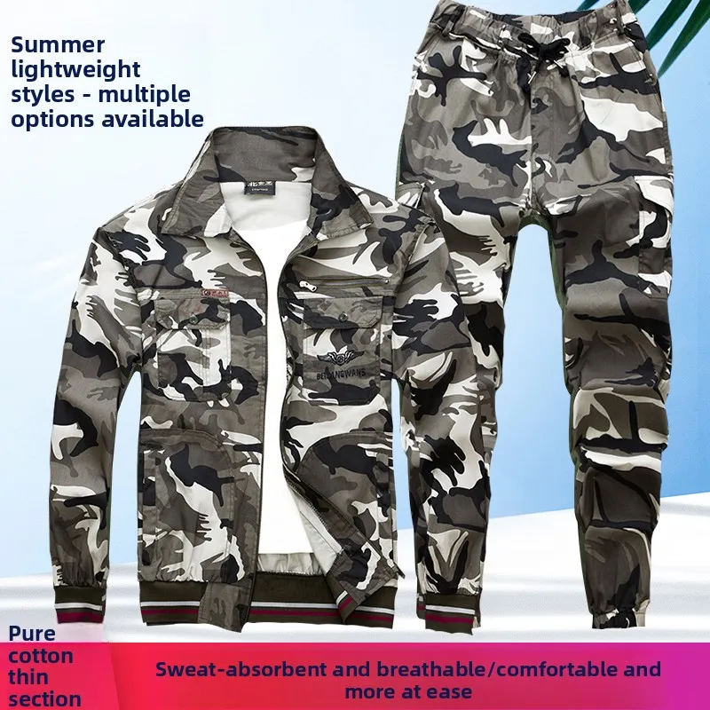summer-pure-cotton-camouflage-workwear-set-men's-thin-automotive-repair-work-uniform-anti-wear-labor-protection-clothing