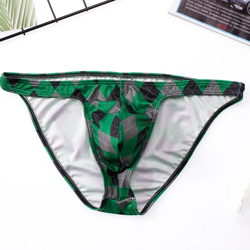 Sexy Men Underwear Grid Briefs U Convex Thong String Bulge Pouch Breathable Panties Male Underpants Intimates Bikini Male Gay