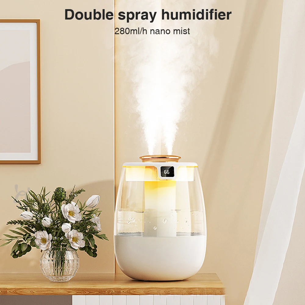 Dual Spray Humidifier Cold Fog Silent Desktop Home Bedroom Car Aromatherapy 280ml/h with AI Intelligent Digital Display