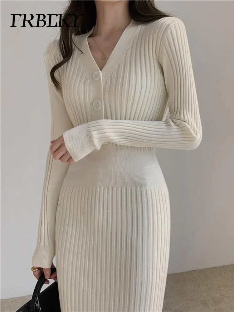Elegante lange Kleider Herbst schlanke Mode Pullover Kleid elastische Taille Paket Hüft boden Strickwaren V-Ausschnitt koreanische figur betonte Kleid