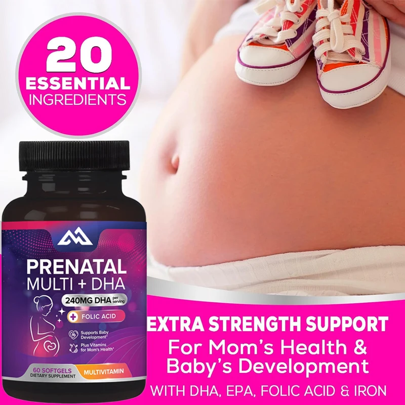 Female prenatal multivitamin containing folic acid, Omega 3, vitamin D3, B6, B12, and iron DHA, non GMO-60 soft capsules