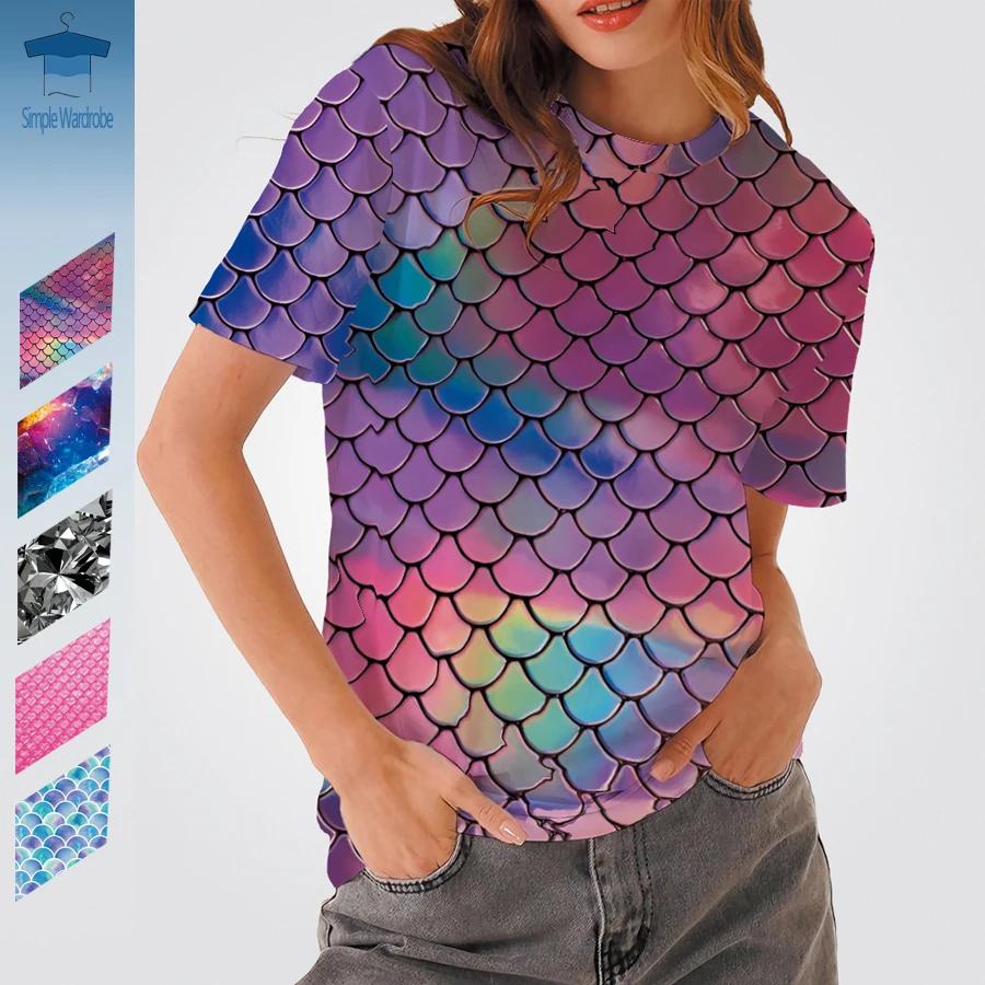 2023 Oversized Mermaids T-shirt Diamond Air Bubble Film 3D Printes Clothes Summer Funny Colorful Amekaji Art Texture Women Tops