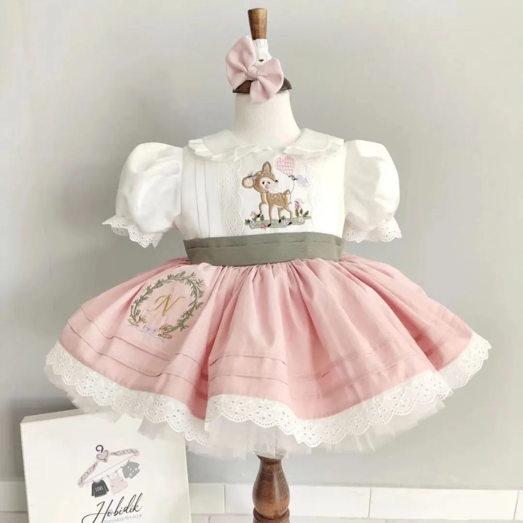 0-12Y neonata estate rosa cervo ricamo turco Vintage Lolita principessa abito da ballo per le vacanze di compleanno Casual Eid