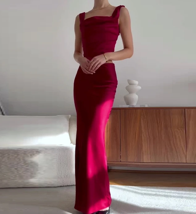 

Women's Elegant Romantic Suits 2025 Spring Summer Latest High End Satin Square Neck Sexy Bareback Strap Top High Waist Skirt Set