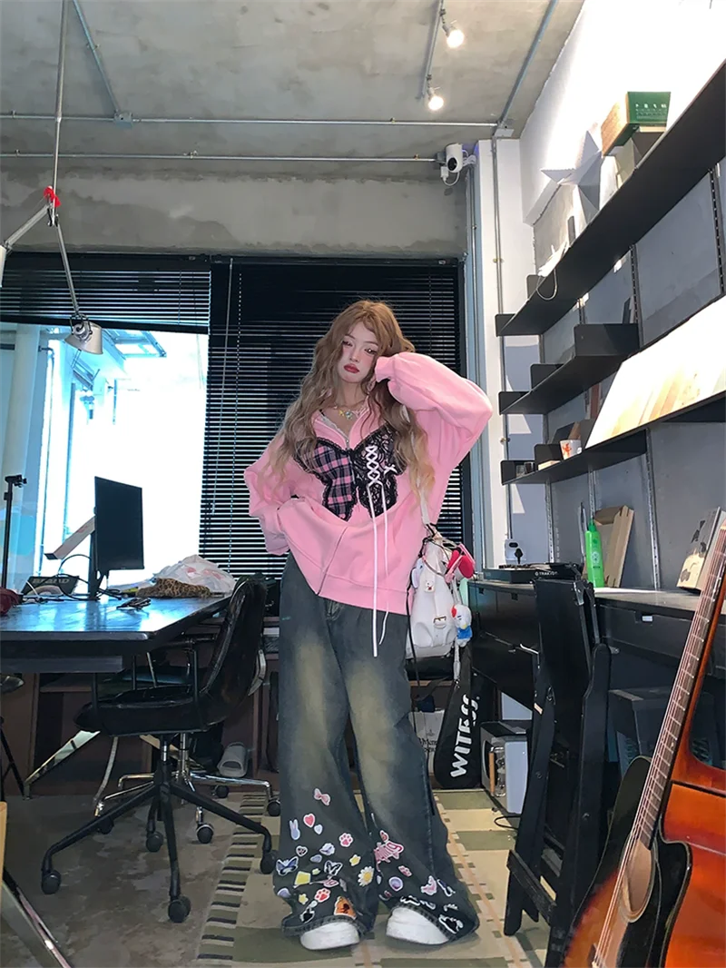 American Retro Graffiti Badge Printed Wide-Leg Jeans Women Autumn Winter Design High Waist Loose Straight Pants