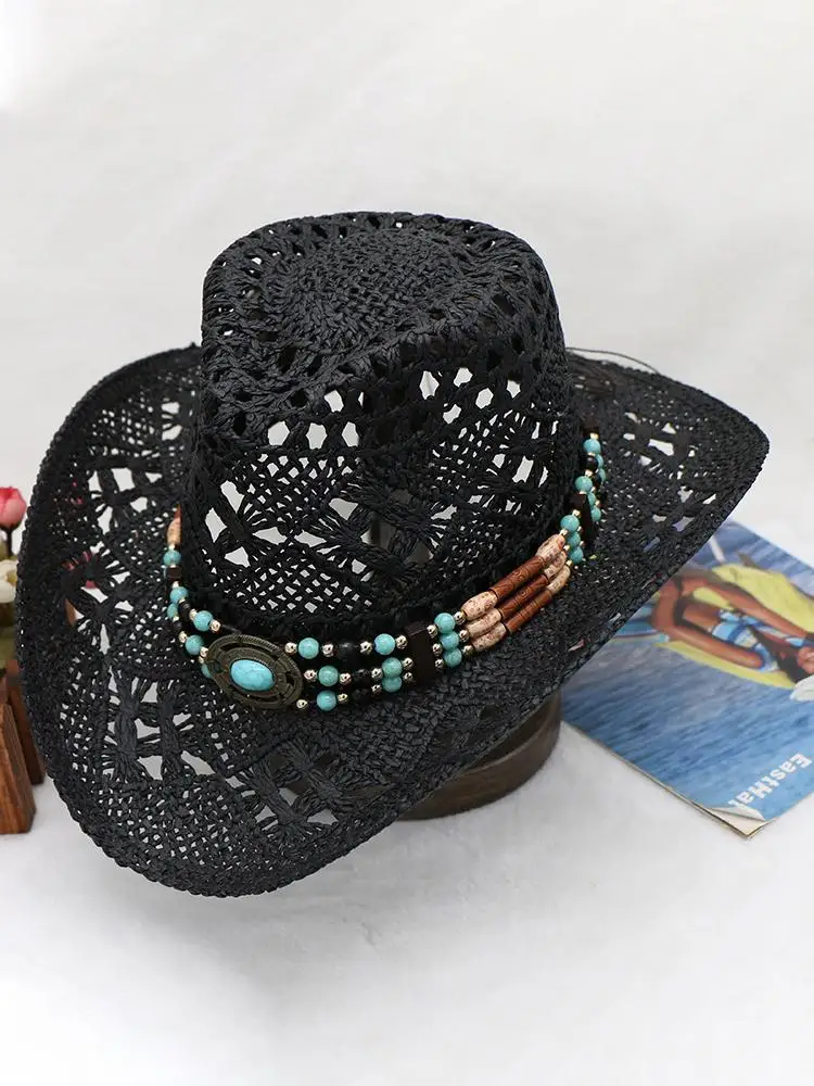 Lina papierowa tkana czapka przeciwsłoneczna Unisex słomiane koraliki kapelusz kowbojski Vintage zachodni kapelusz kowbojski męski elegancki kapelusz damski kapelusz kowbojski jazzowy — zdjęcie 2