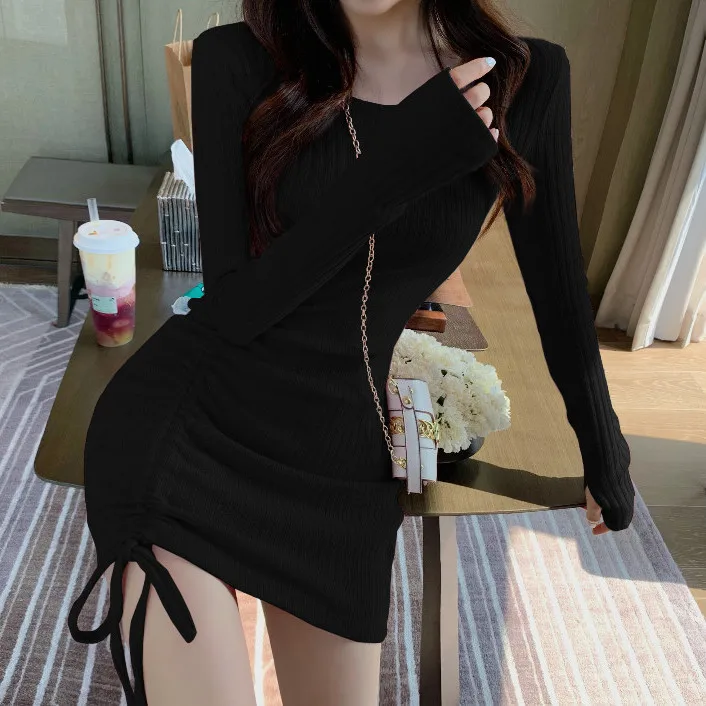 Elegant 2026 Spring Autumn Knit Dress Women Round Neck Drawstring Waist Slim Fit Mini Skirt Unique Design Chic New