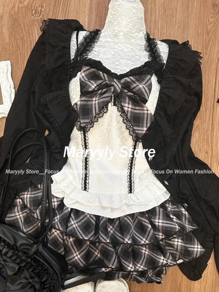 Y2k Gothic Sweet 3 Piece Set Autumn Casual Long Sleeve Cardigan + Slim Lace Bow Vest + Plaid Mini Cake Skirt Women Outfits New