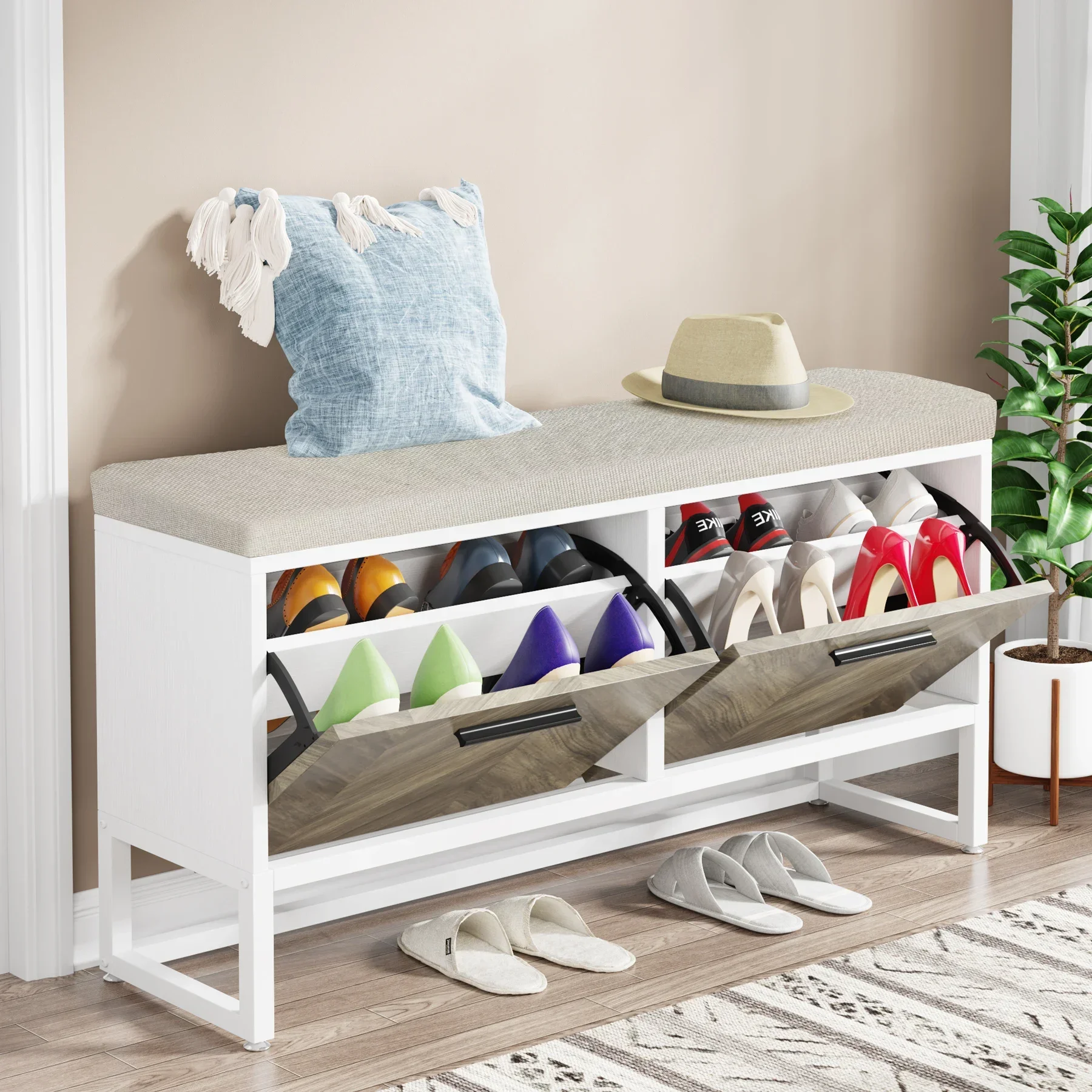 Tribesigns Shoe Storage Bench with Seat Cushion, Entryway Shoe Bench with 2 Flip Drawers, Hallway Bench with Shoe Storage