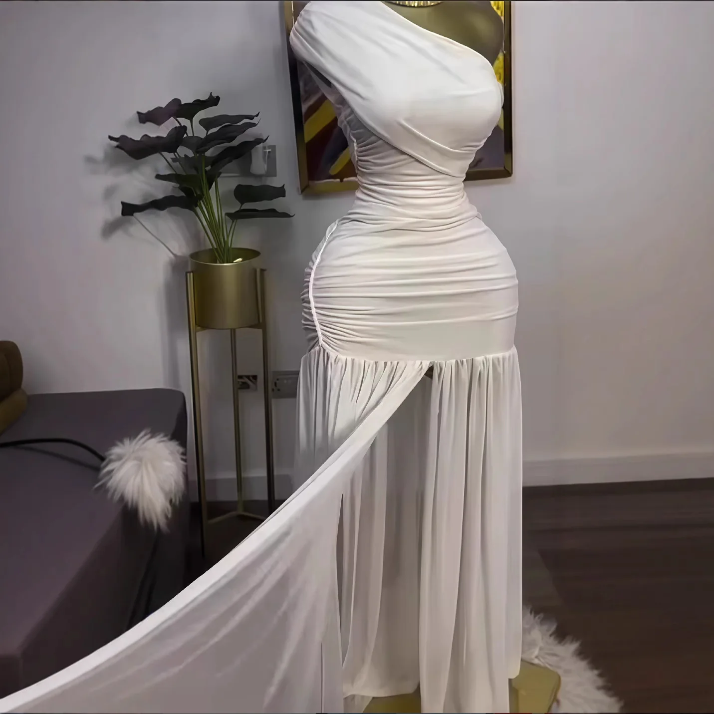 Bangniweigou 민소매 슬랜트 오프 숄더 플리츠 스플릿 메쉬 드레스 여성 로맨틱 파티 우아한 블랙 화이트 레드 롱 로브