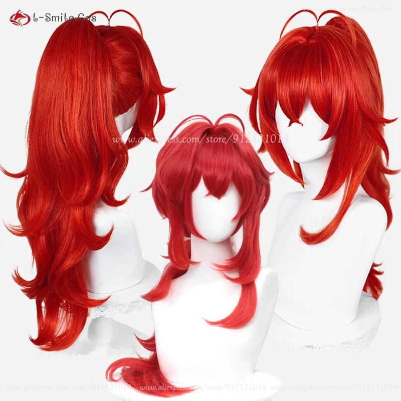 Diluc Ragnvindr Wig Game  Red Long Cosplay Wig With High Ponytail Heat Resistant Synthetic Hair Anime Wigs + Wig