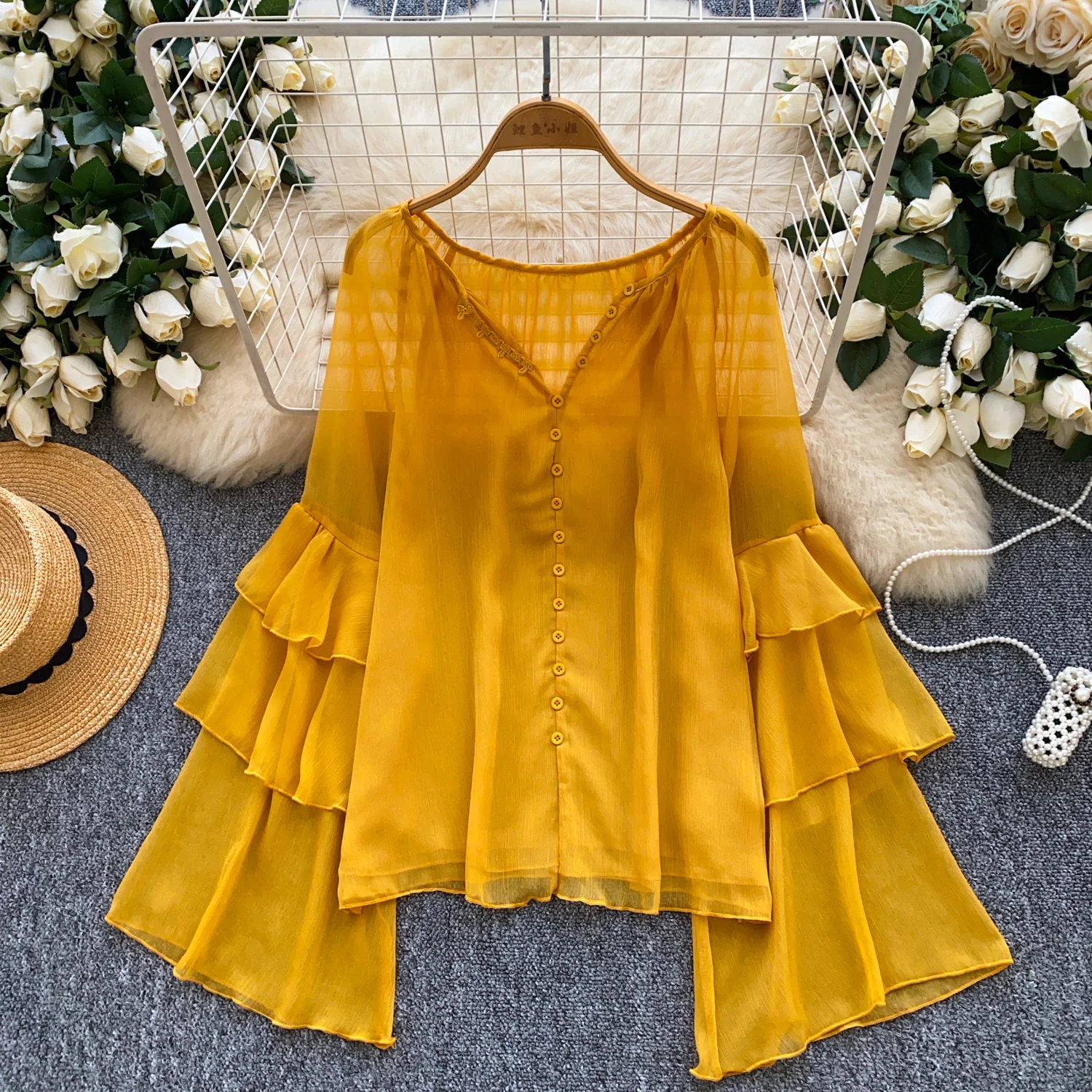 

ALPHALMODA 2025, V-neck, Trumpet Sleeve, Chiffon Shirt, for Women, Autumn New, French Style, Single Breasted, Trendy Shirt