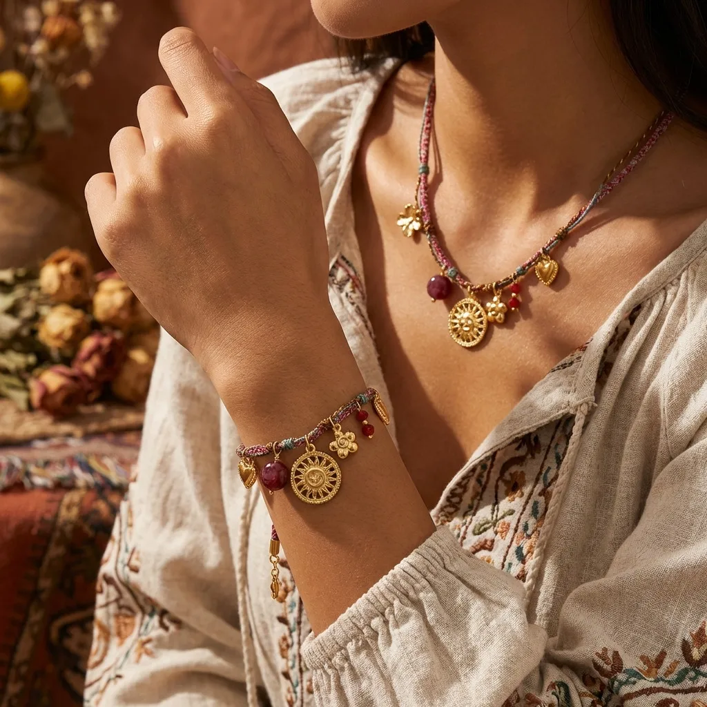 

Bohemian Vintage Jewelry Set Women Handmade Woven Rope Necklace Bracelet Gold Sun Flower Heart Charms Red Stone Beads Ethnic Gif