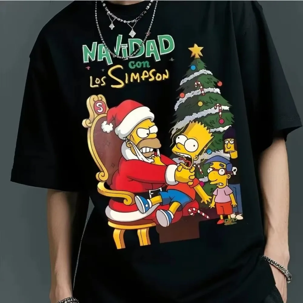 Camiseta gráfica de árbol de Navidad de Disney Simpson, camiseta de manga corta informal con estampado de Homer y Bart Y2k de talla grande para hombres y mujeres, Camiseta de algodón
