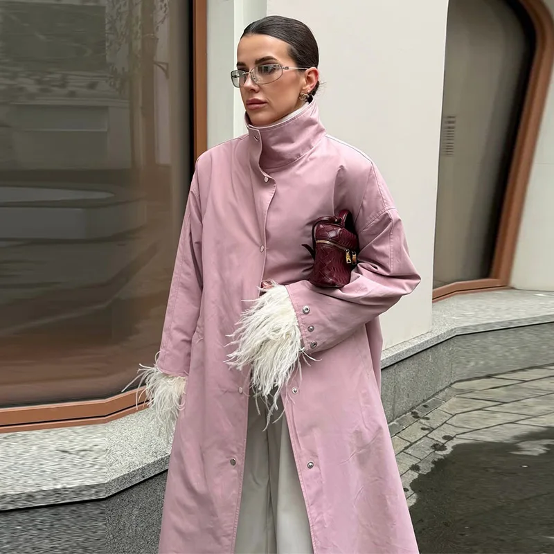 Damen Lange Jacken mit Stehkragen, Einreihige Oversize-Trenchcoats, Street-Style Damenmantel mit Langen Ärmeln, Einfarbig und Locker Geschnitten, Neue Oberbekleidung – Detail 21