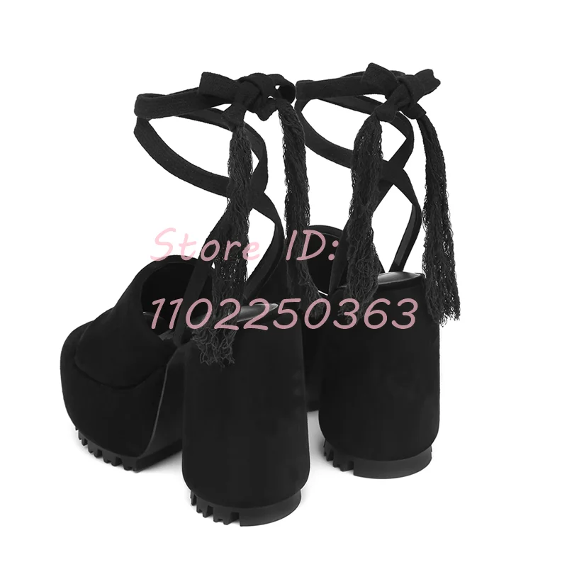 

Black Ankle-tied Chunky High Heel Sandals Platform Round Open Toe Strappy Pumps Lace-up Women Fashion Punk Rome Shoes 2024