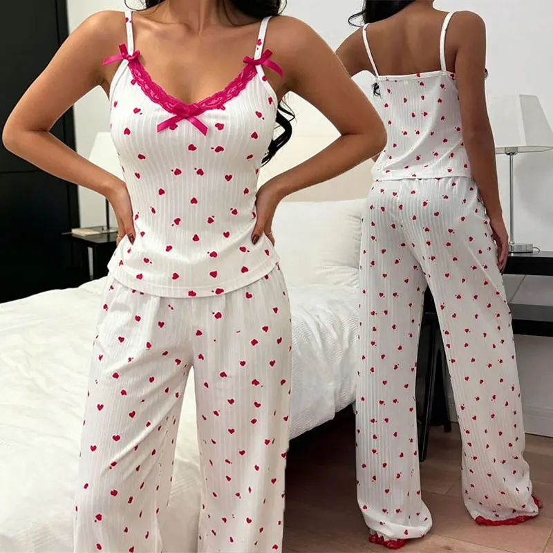 Fall/Winter Pajama Set For Women Elegant Loungewear Heart-Print Pants And Striped Top Lace-trimmed Suspenders Lingerie Pajamas
