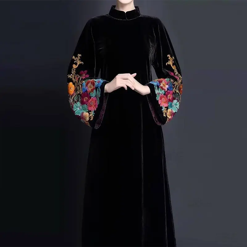 우아한 자수 여성 스타일 하이엔드 중국 벨벳 배꼽 커버, 고귀한 원피스 가을 겨울 드레스, 신상 중공업 