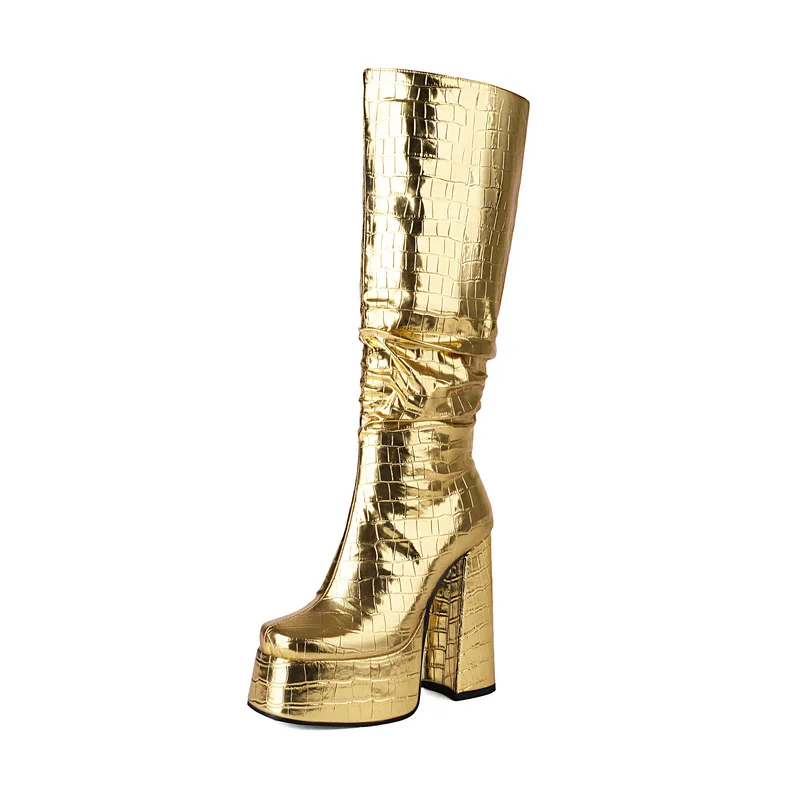 Silber Gold schwarz Frauen kniehohe Stiefel Plattform dicke High Heel Damen Waden stiefel Pu Leder quadratische Zehen Reiß verschluss Damen stiefel