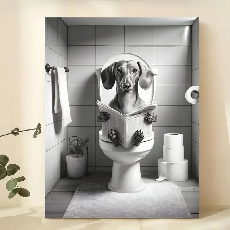 Retro Puppies Reading Newspapers in The Toilet Canvas Prints Cute Animal Wall Art Posters for Modern Living Room Bathroom Decor