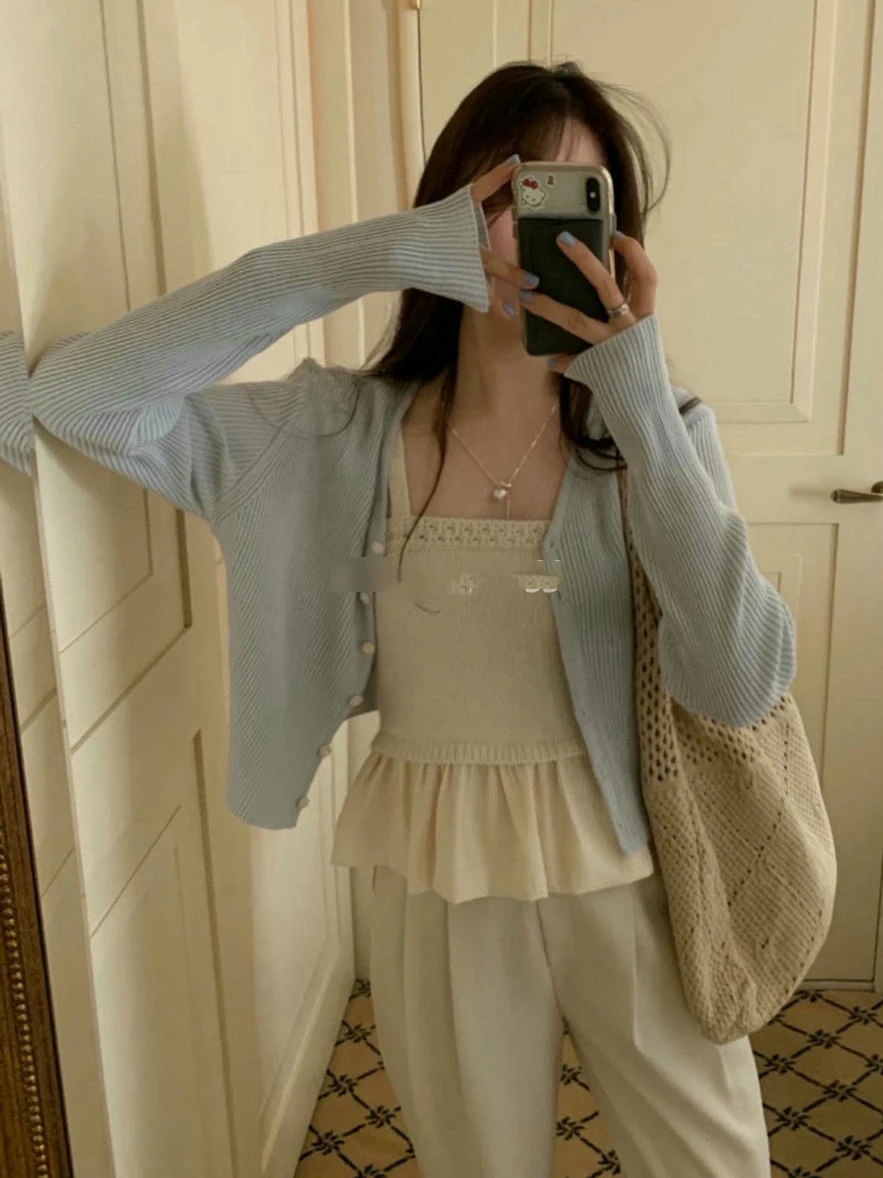 

Ele Simple V-ne Knitted Woolen Cardigan Soft Casual Sle Long Sve Commute Friendly Pure Color Breathable Ladies Swe...