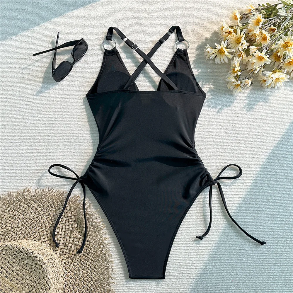 مثير الأحمر عارية الذراعين ملابس امرأة قطعة واحدة ملابس السباحة 2026 حجر الراين حلقة ثوب السباحة الرباط ملابس سباحة Monokini السباحون #6