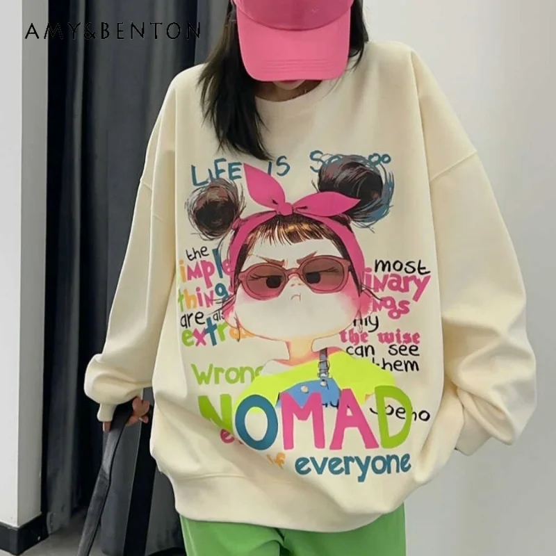 New Spring Autumn 2024 UNique Design Casual Top Hoodies Fun Cartoon Graphic Print O-Neck Sweatshirt Loose Long-sleeves Pullovers