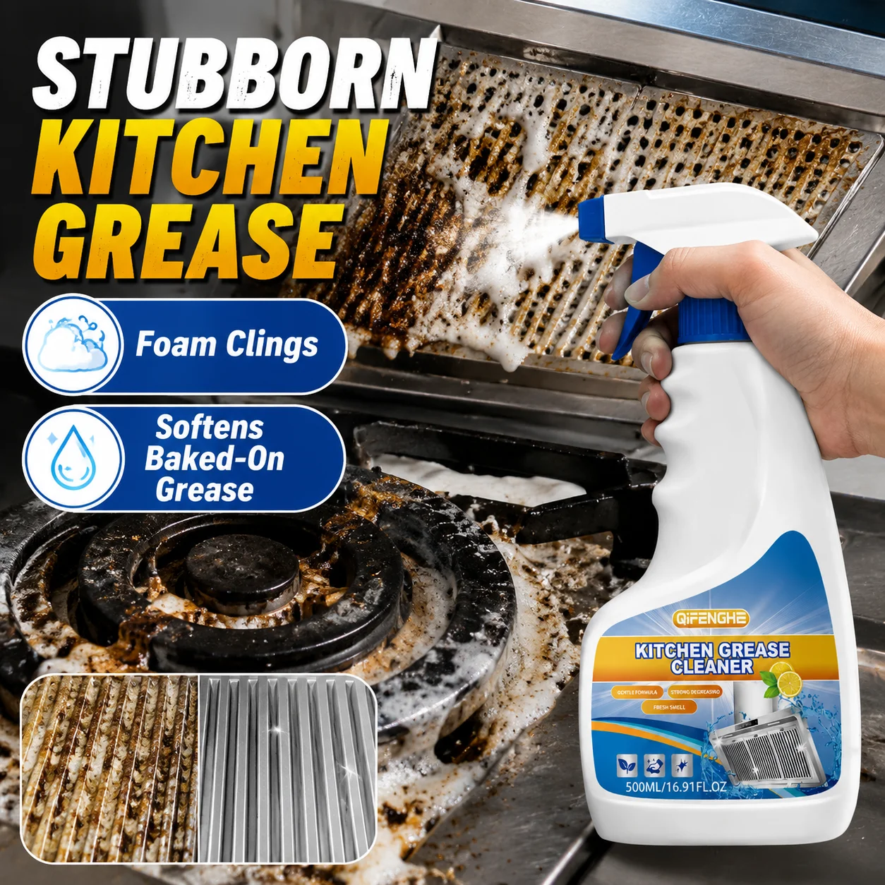 Powerful Kitchen Grease Cleaner Spray 500ml Degreaser for Stoves Range Hood Ovens Cooktop Oil Stain Grime Remover Less Scrubbing