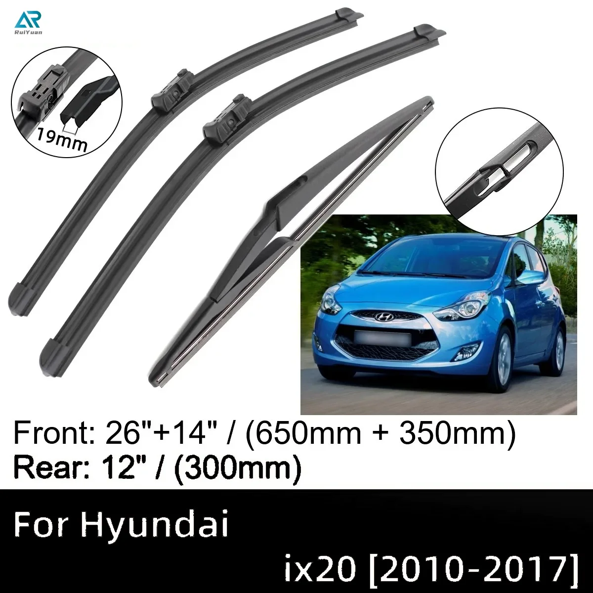 

For Hyundai ix20 2010-2017 26"+14"+12" Front Rear Wiper Blades Brushes Cutter Accessories 2011 2012 2013 2014 2015 2016 2017