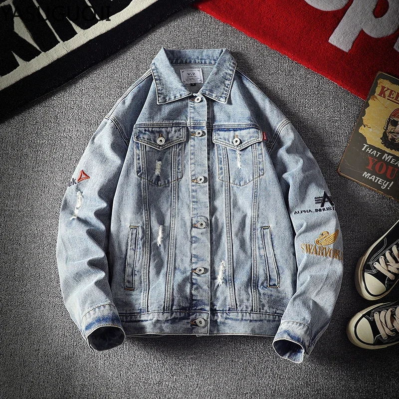 YASUGUOJI Streetwear moda męska Denim kurtki zepsute Patchwork dopasowane jeansy rurki płaszcz wiosna jesień Streetwear płaszcz dla mężczyzn