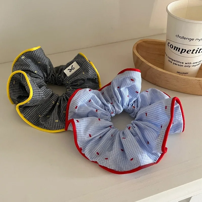 

Ретро красочные резинки для волос с оборками, клетчатые повязки на голову для женщин и девочек, милые романтические веревки для волос, резинки, аксессуары для волос