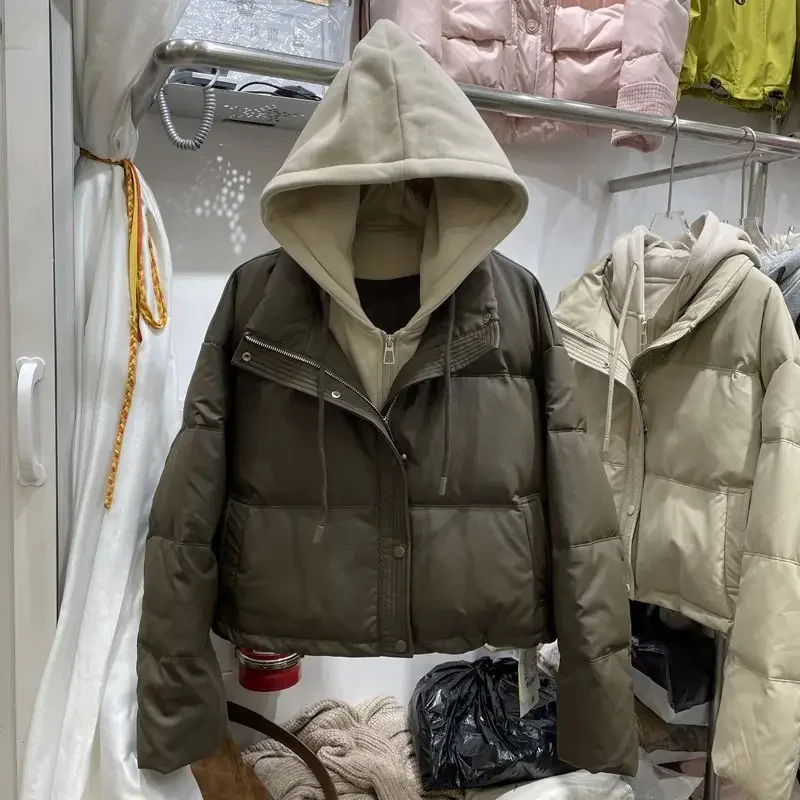 2025 Autumn/Winter New Women's Down Cotton Jacket Commuter Splicing Fake Two Piece Leather Jacket