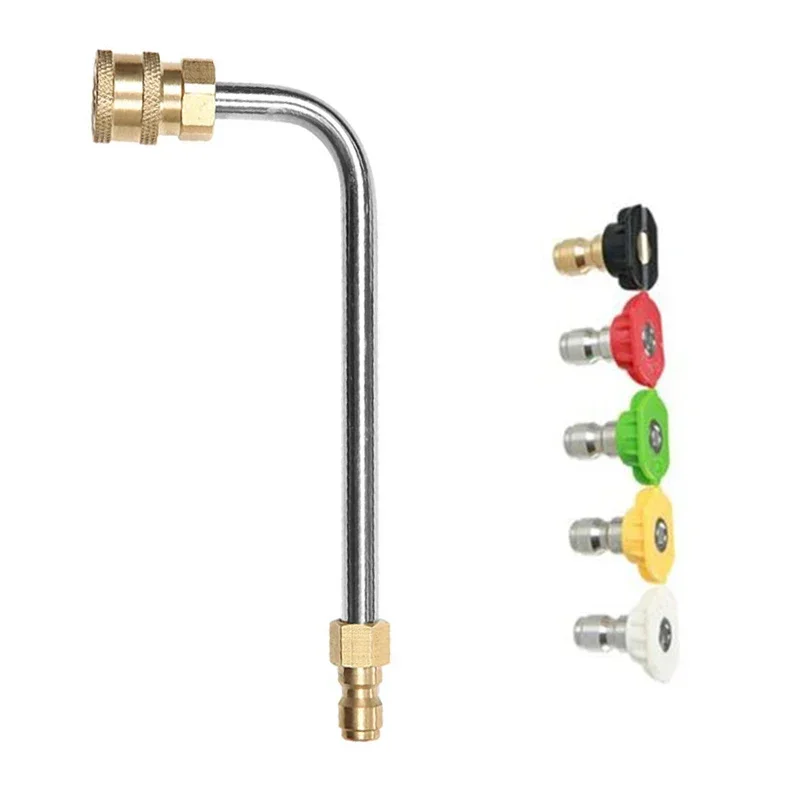 Ulepsz swoje możliwości czyszczenia dzięki przedłużeniu myjki wysokociśnieniowej o długości 17 cm i krzywiznie 90 stopni oraz 5 końcówek dysz rozpylających