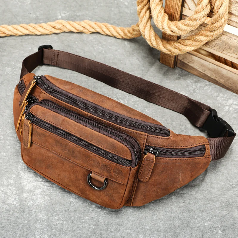 Cross-border genuine leather men's waist bag mobile phone bag for business top-layer cowhide chest bag multifunctional sports