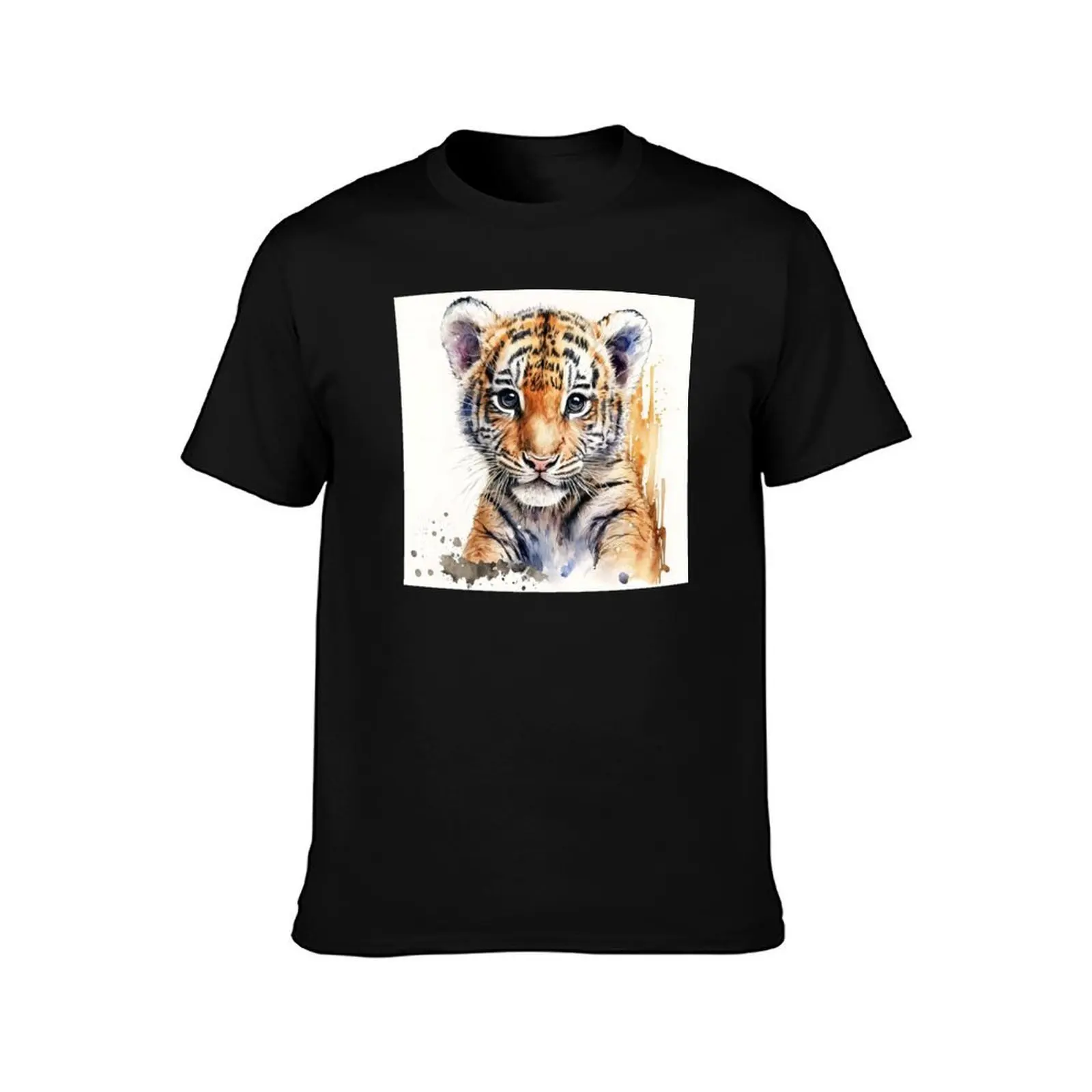 Watercolor Cute Baby Tiger Portrait, Little Tiger Cub T-Shirt Sports Casual Short Sleeve Cotton Tee T-Shirt