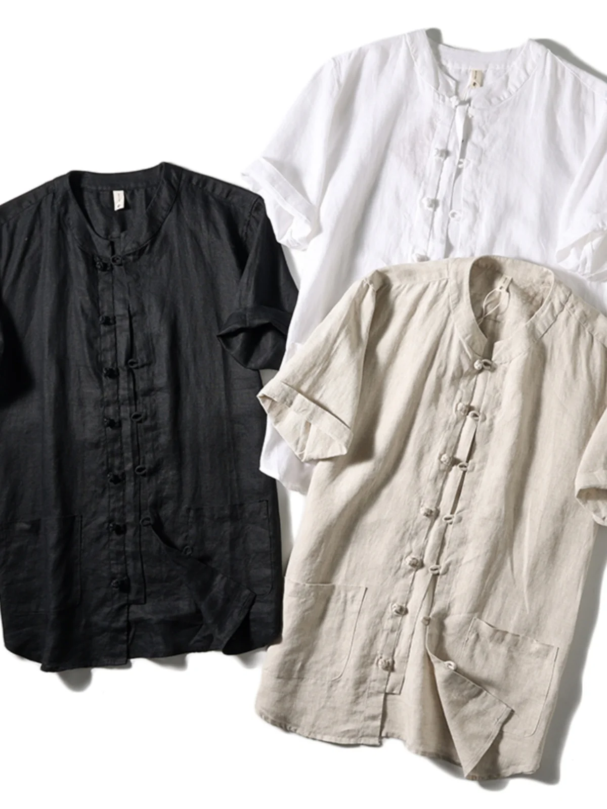 

Breathable Loose Short Sleeve Linen Shirt Vintage Retro Button up Summer Menswear Standard Fit round Neck Color