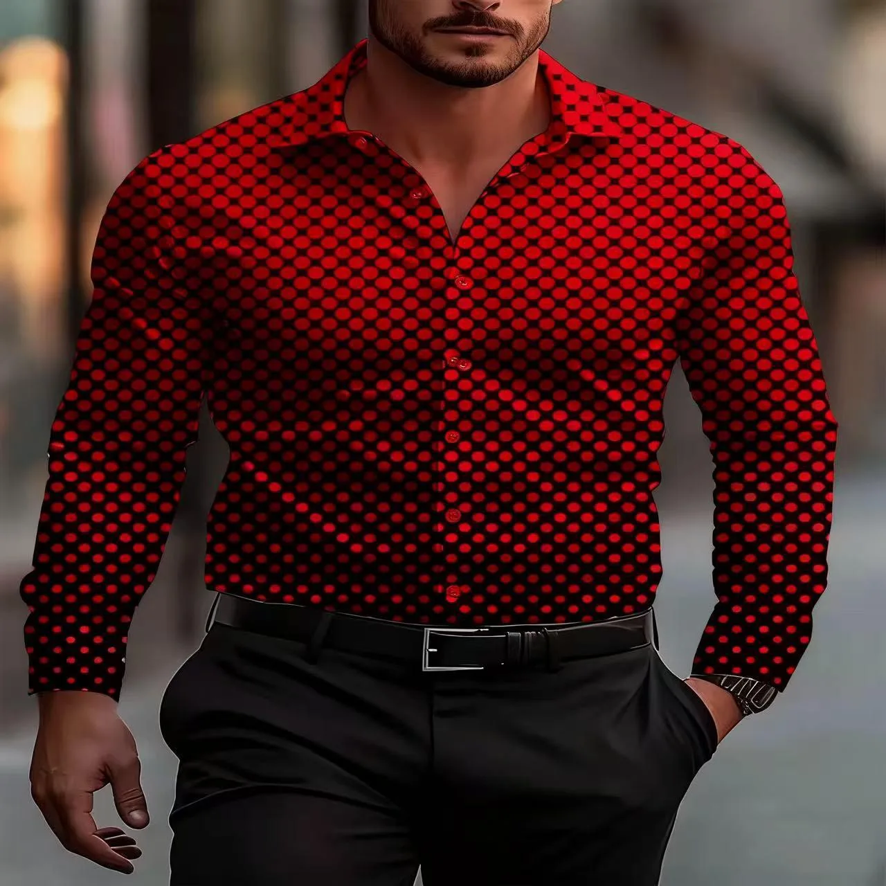 

Men's long-sleeved shirt autumn and winter gradient small polka dot print top new style casual fashion unisex men's clothing